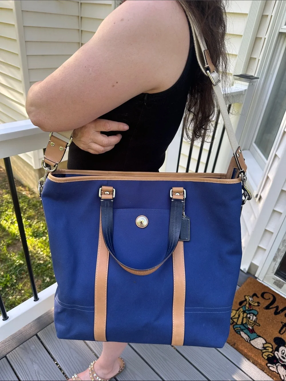 Coach Voyage Blue Canvas Tote Bag Tan Leather Handle Shoulder Bag Lined F77125
